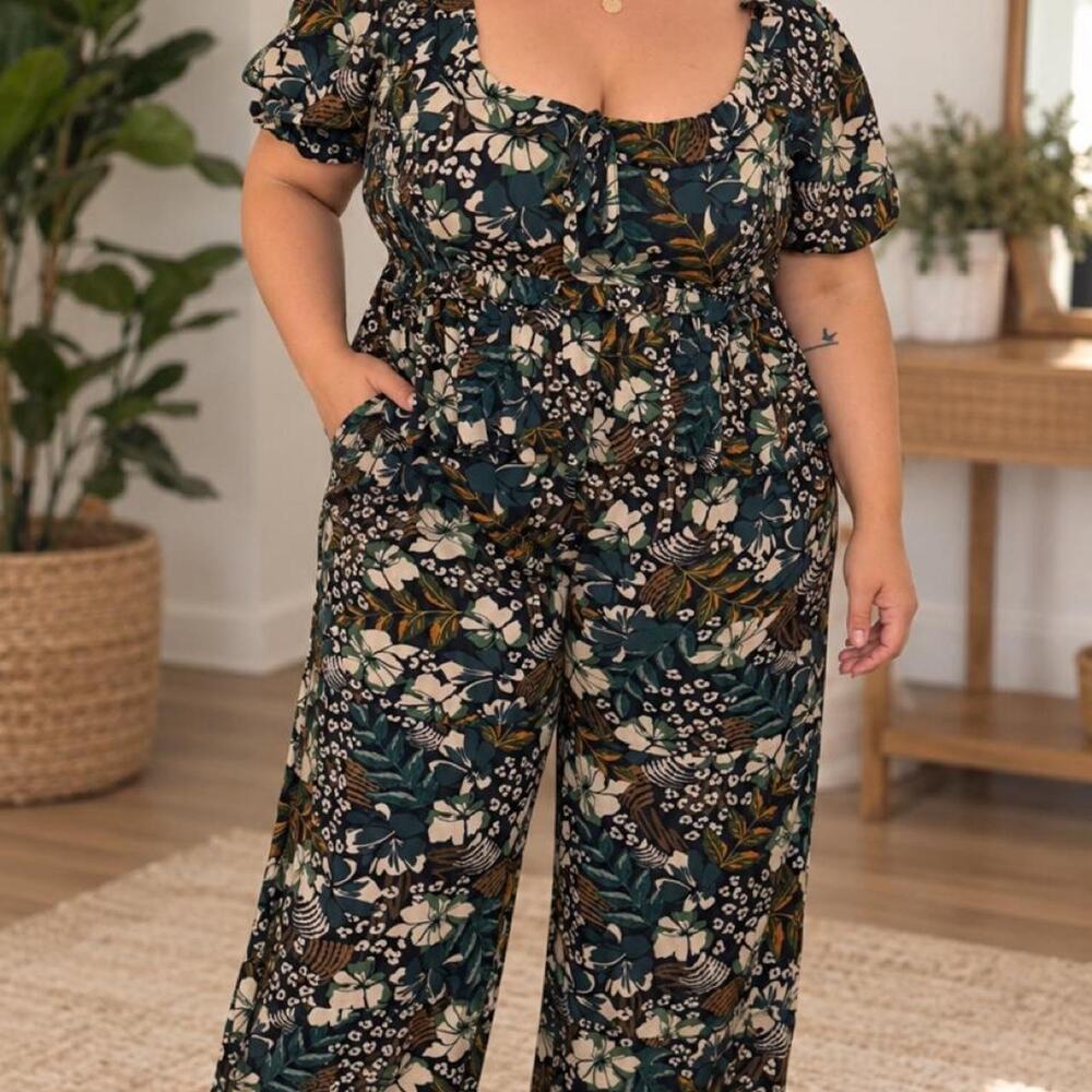Green floral bohemian linen pant and blouse set